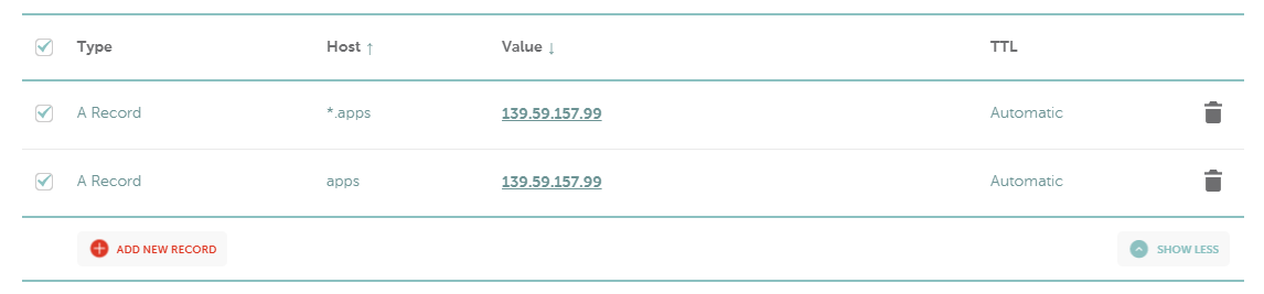Namecheap configuration screen with two A-records, one for apps and one for *.apps