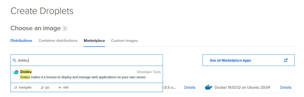 Selecting the Dokku droplet image from the droplet marketplace